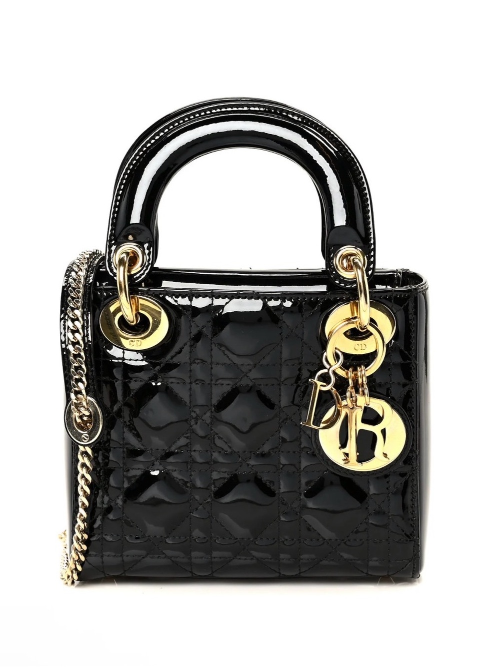 Dior Mini Lady Dior Black Patent Top-Handle Bag with Gold Hardware